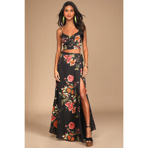 NWT Lulus Bloom With A View Black Floral Print Two-piece Maxi Dress - Size XS